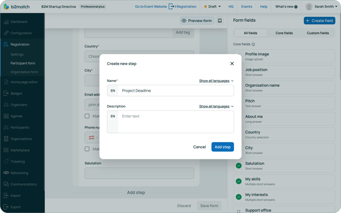 Create new step modal
