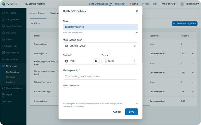 Creating meeting blocks modal