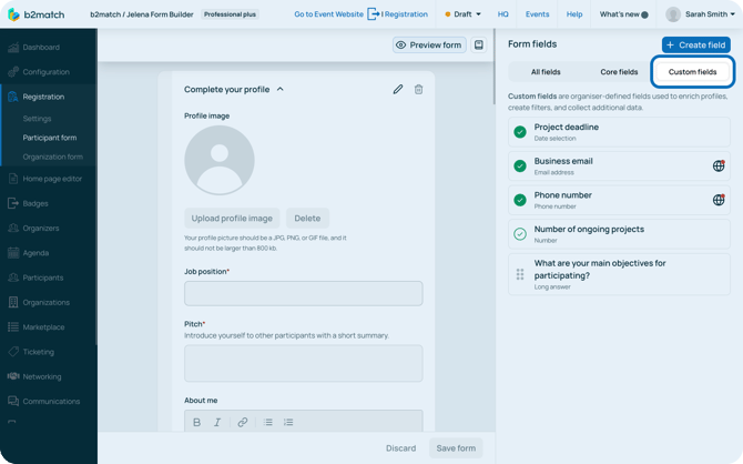 Custom fields in Form fields sidebar