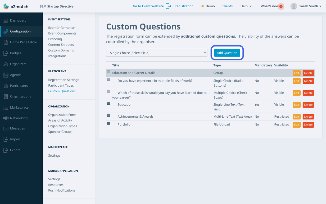 Add Question Button Creating Custom Questions