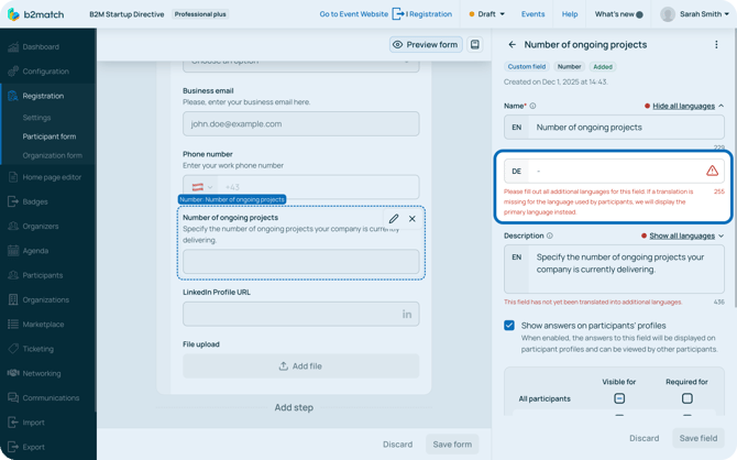 Multilingual registration field