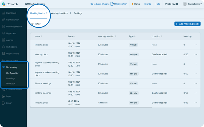 Networking dropdown and Meeting Block tab-1