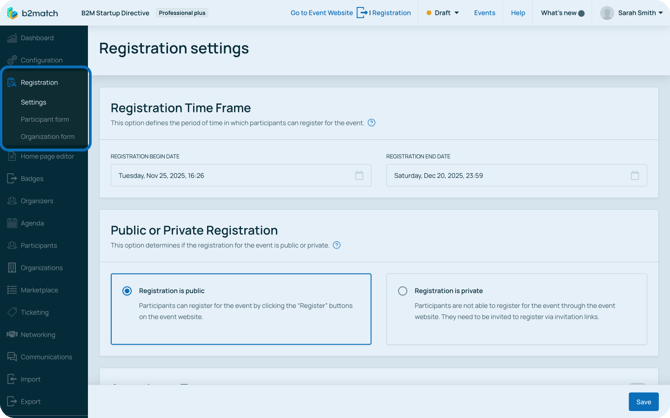 Registration dropdown