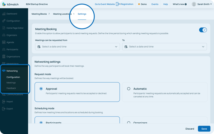 Settings tab - Networking Config