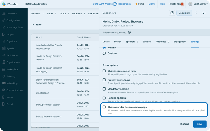 Show attendee list on session page
